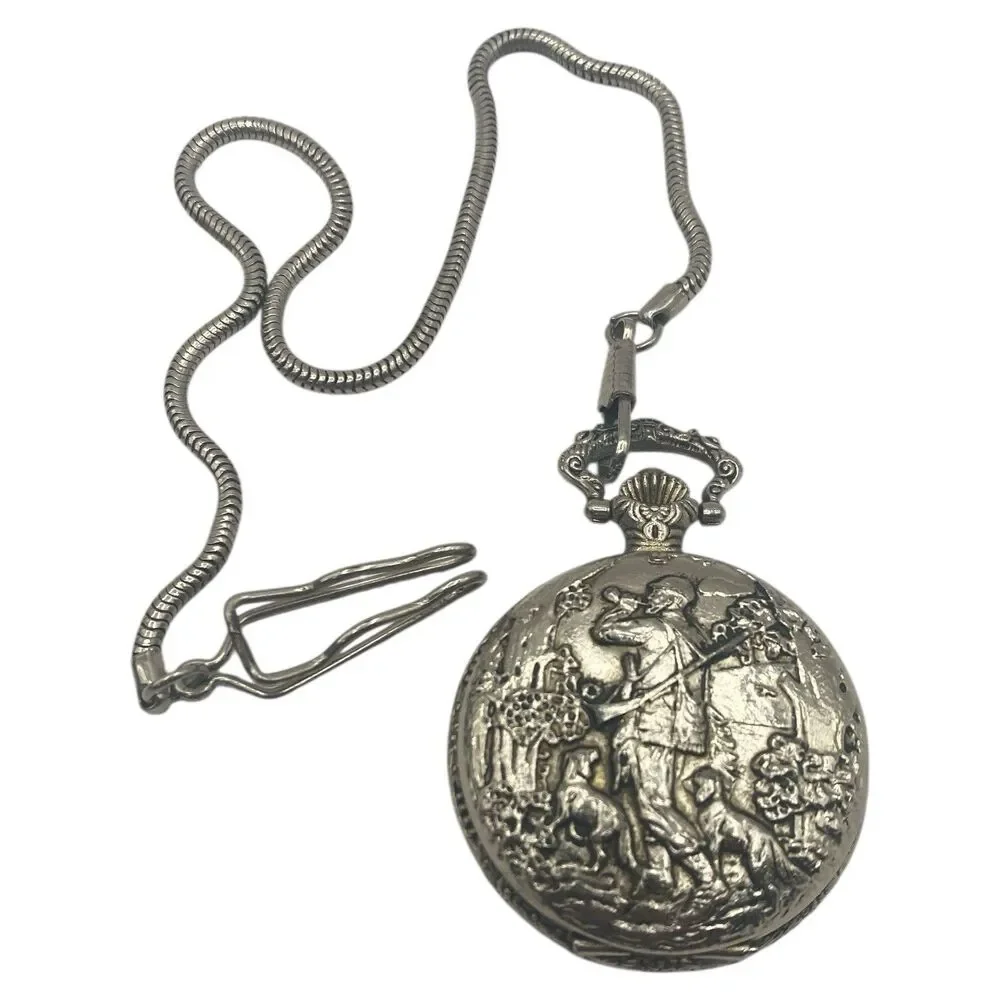 Vintage Unitron Silver Tone Quartz Pocket Watch Hunting Scene New Battery